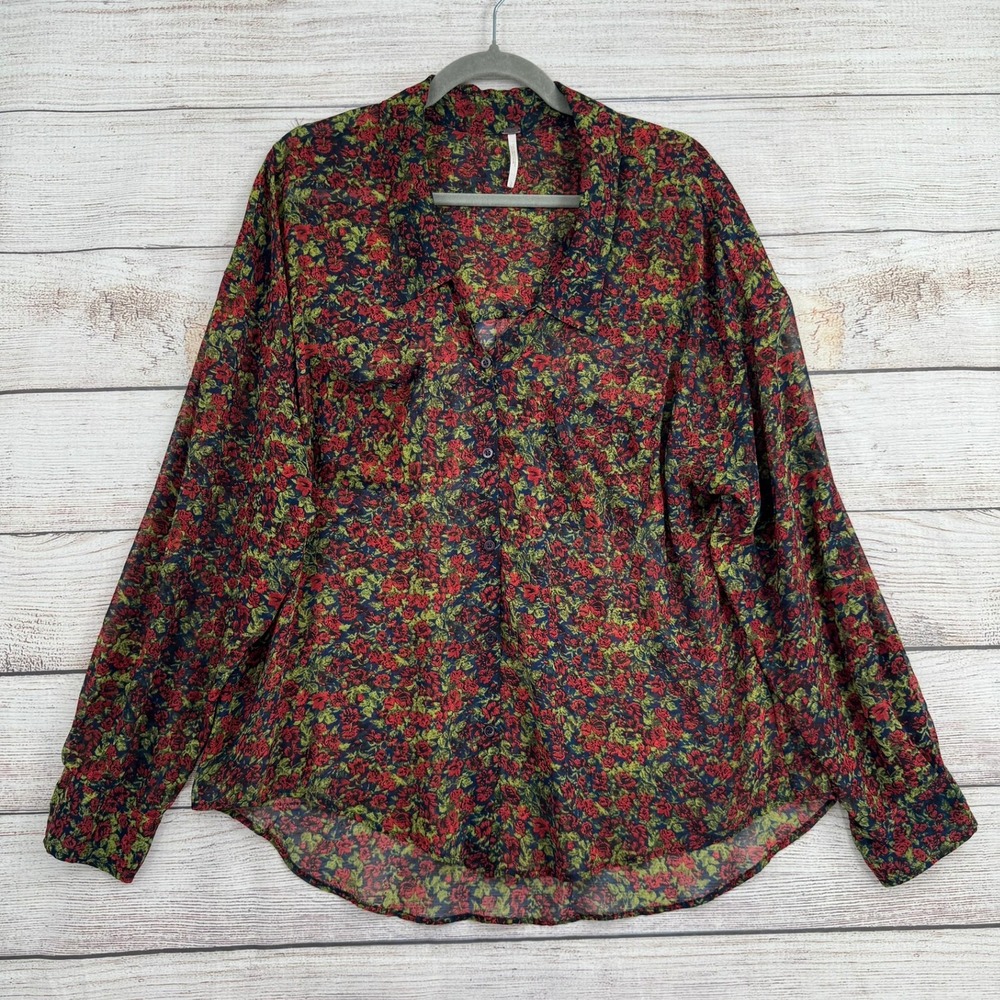 Free People Button Down Women L Red Floral Sheer High Low Blouse 25F179T335M